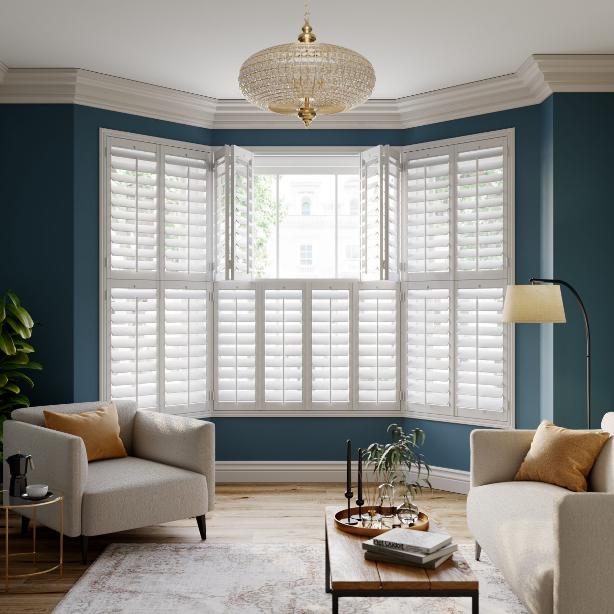 Made to measure white tier-on-tier shutters in a classic London living room bay