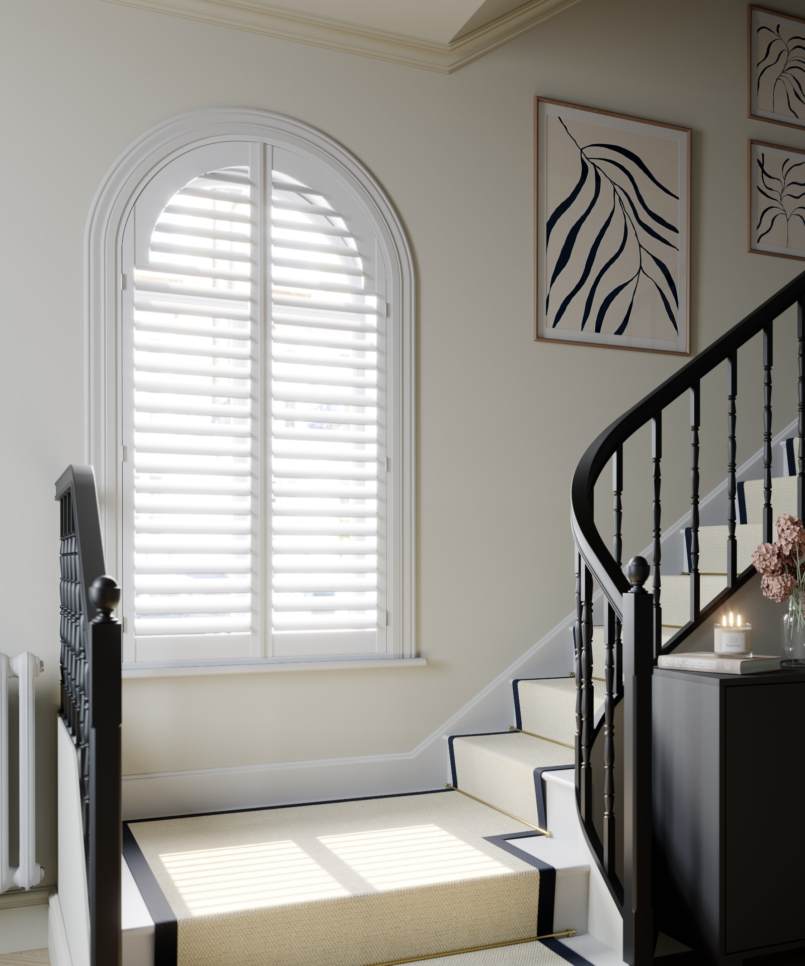 Arched landing window with full height shutters below