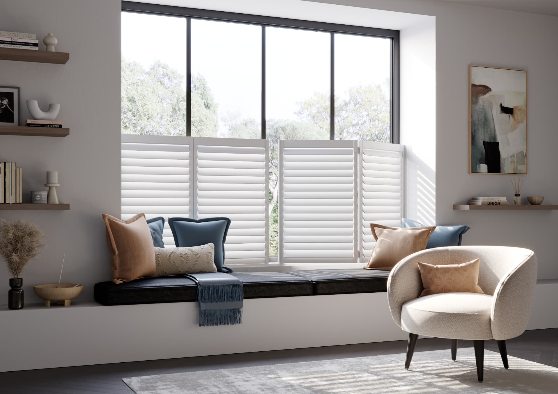 Café style shutters around a window seat