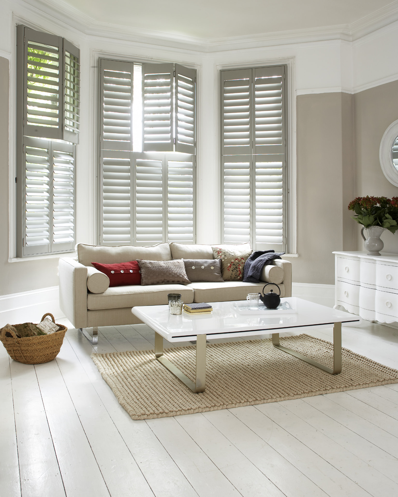 Side view of grey-white tier-on-tier shutter panels