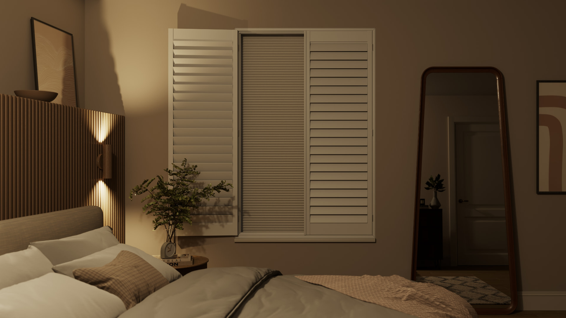 Bedroom shutters closed with the blackout blind lowered