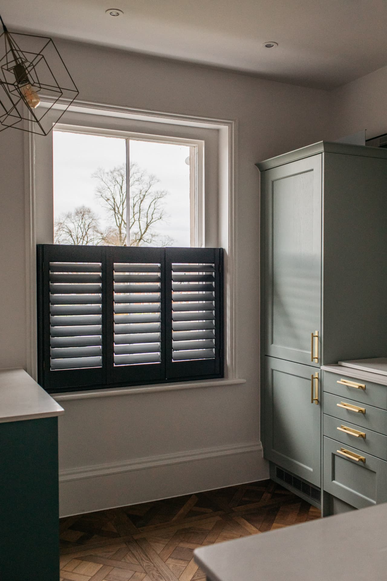 Custom colour café style shutters with louvres open